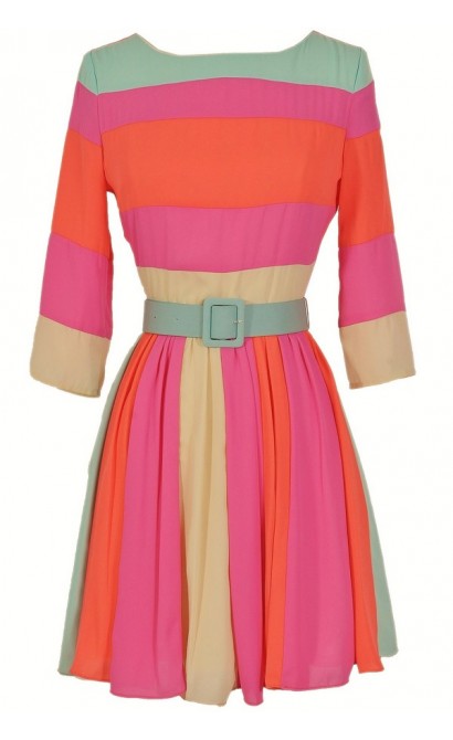 Rainbow Bright Belted Colorblock Designer Dress